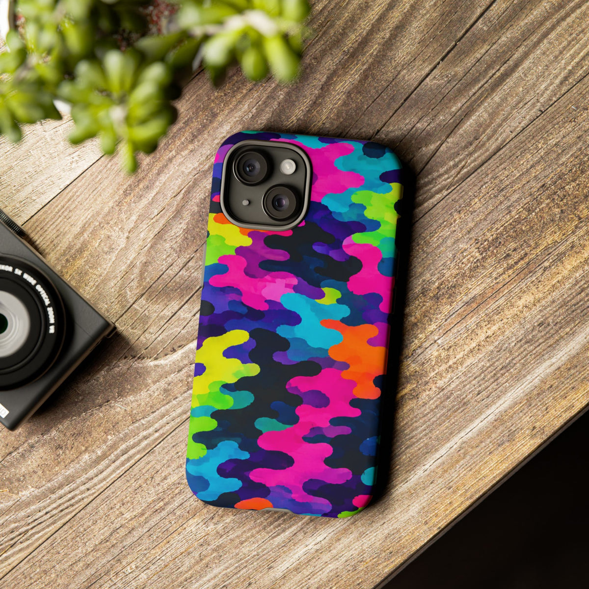 Neon Camo Tough Phone Case — Bright Rainbow Protective iPhone Cover