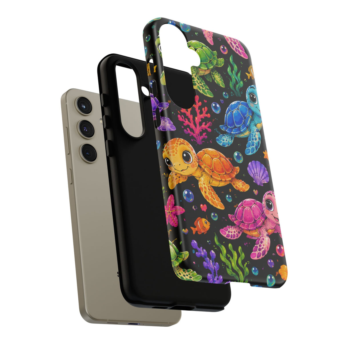 Phone Case — Colorful Cute Sea Turtles on Black (Protective Smartphone Cover)