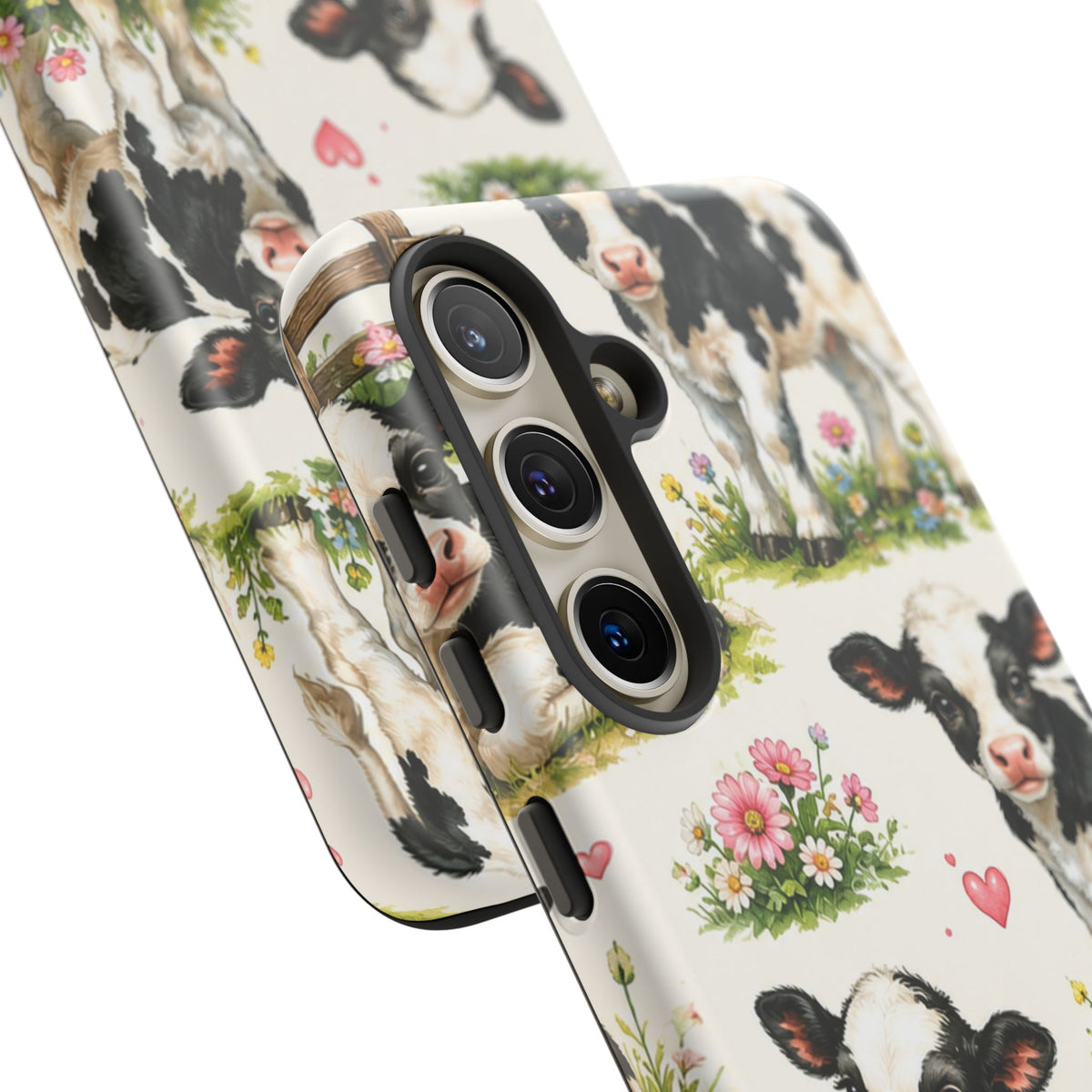 Cute Calf Pattern Phone Case – Pastel Cow Hearts & Flowers Protective Cover