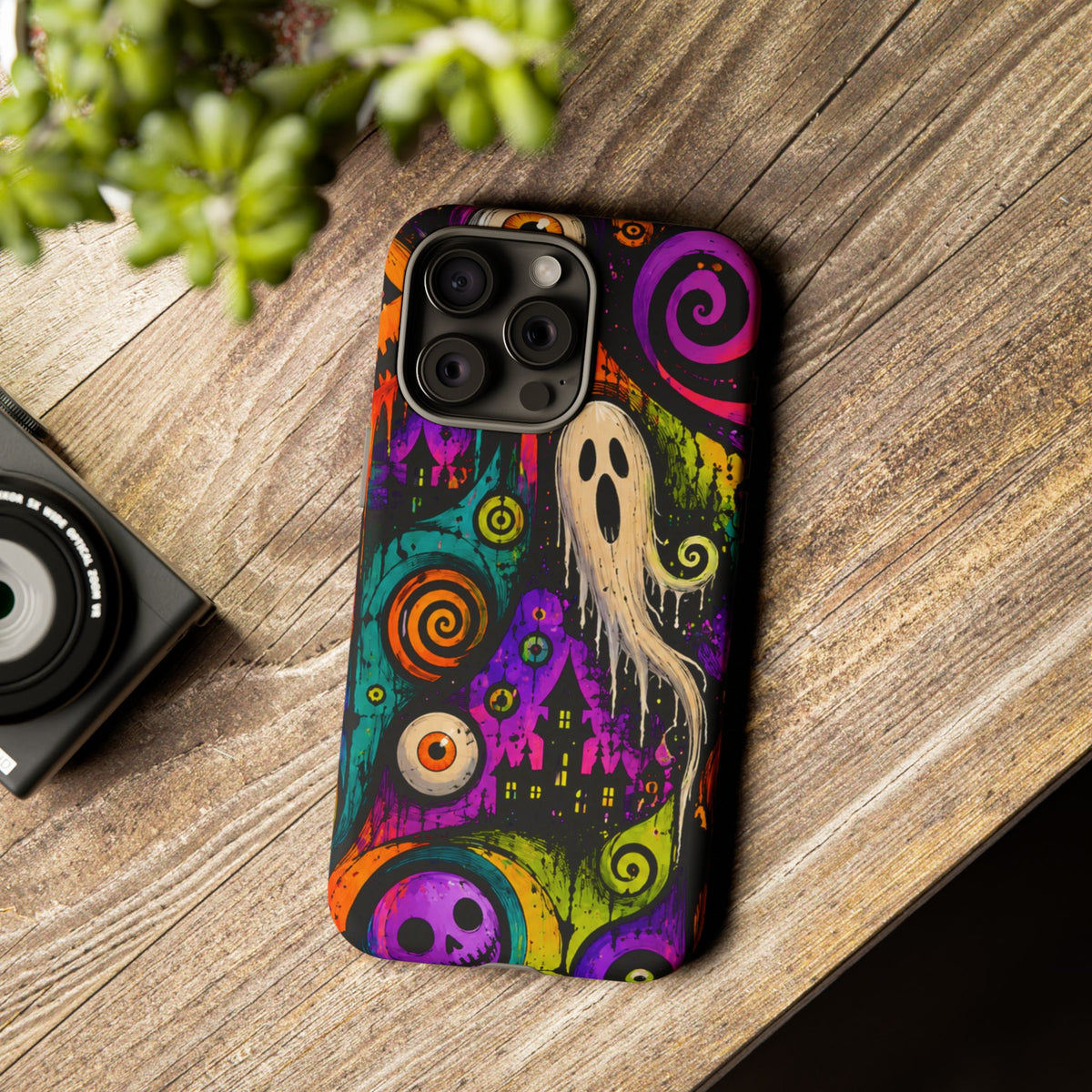 Halloween Ghost Phone Case — Colorful Spooky Skull & Haunted House Tough Case