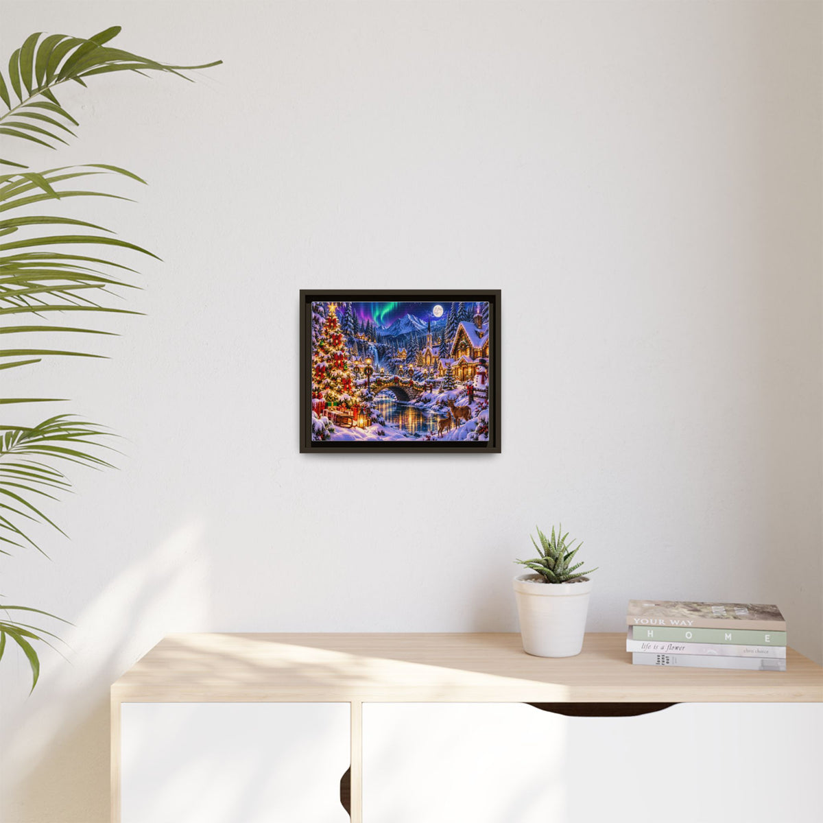 Framed Matte Canvas - Cozy Christmas Village Winter Night Wall Art