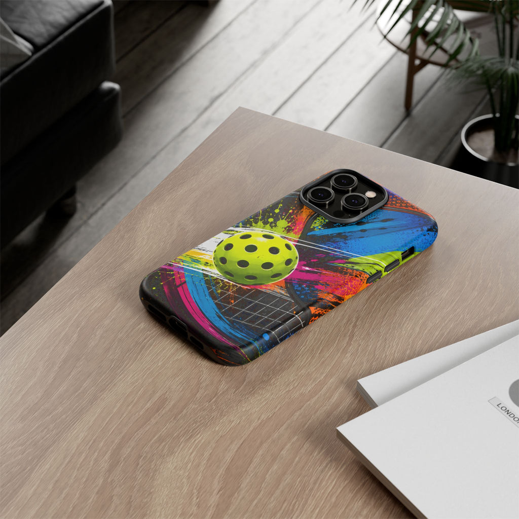 Pickleball Phone Case – Neon Paddle & Ball Splash Tough Case