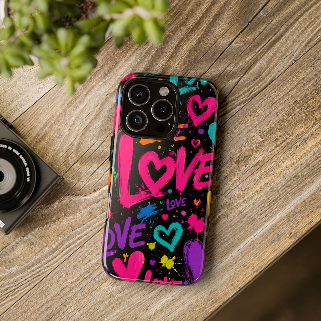 Phone Case — Neon Graffiti "Love" Hearts Protective Tough Case