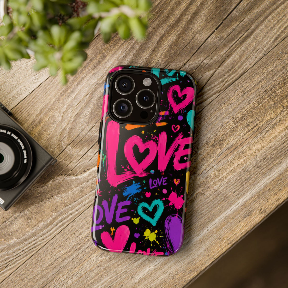 Phone Case — Neon Graffiti "Love" Hearts Protective Tough Case