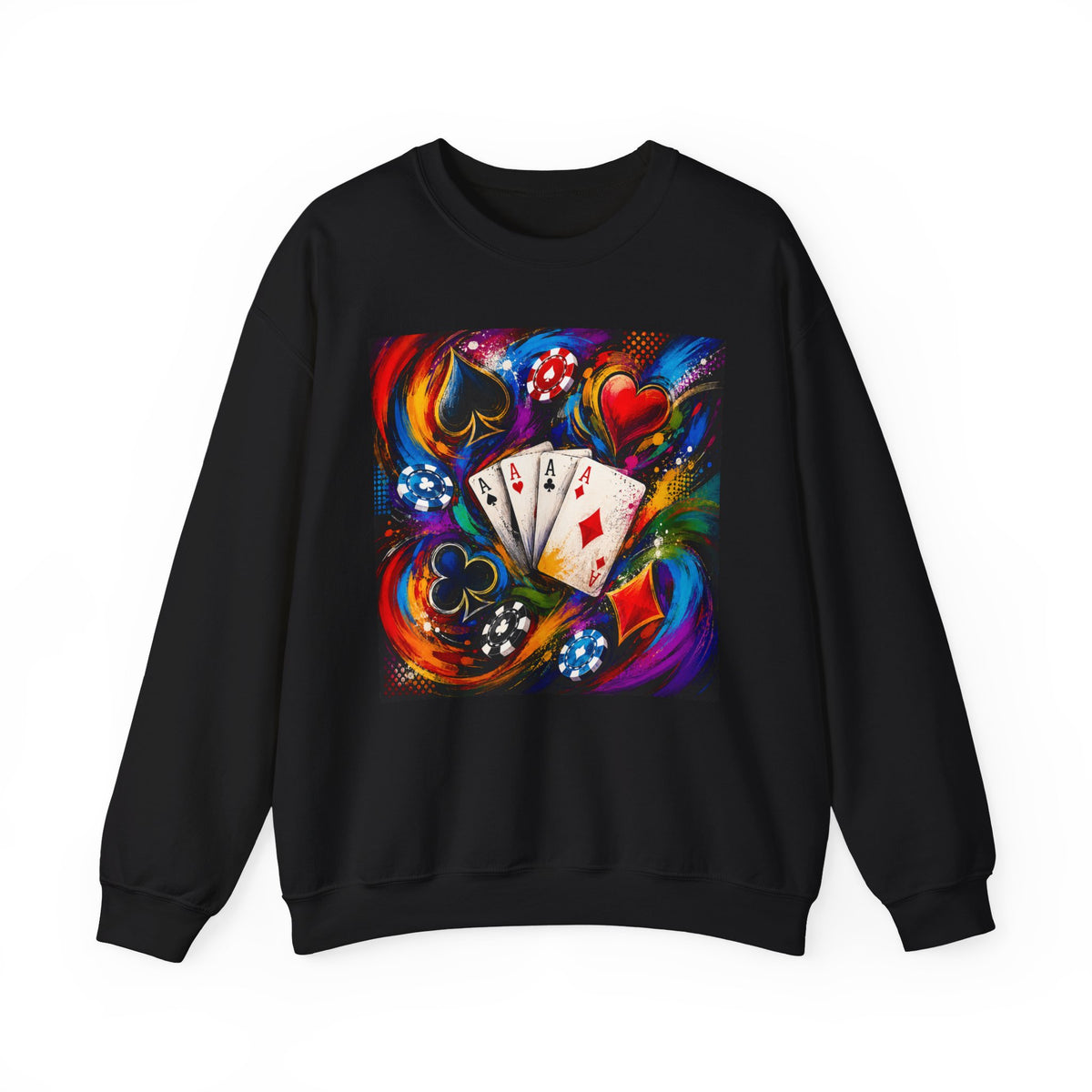 Poker Aces Crewneck Sweatshirt — Colorful Casino Cards & Chips Design
