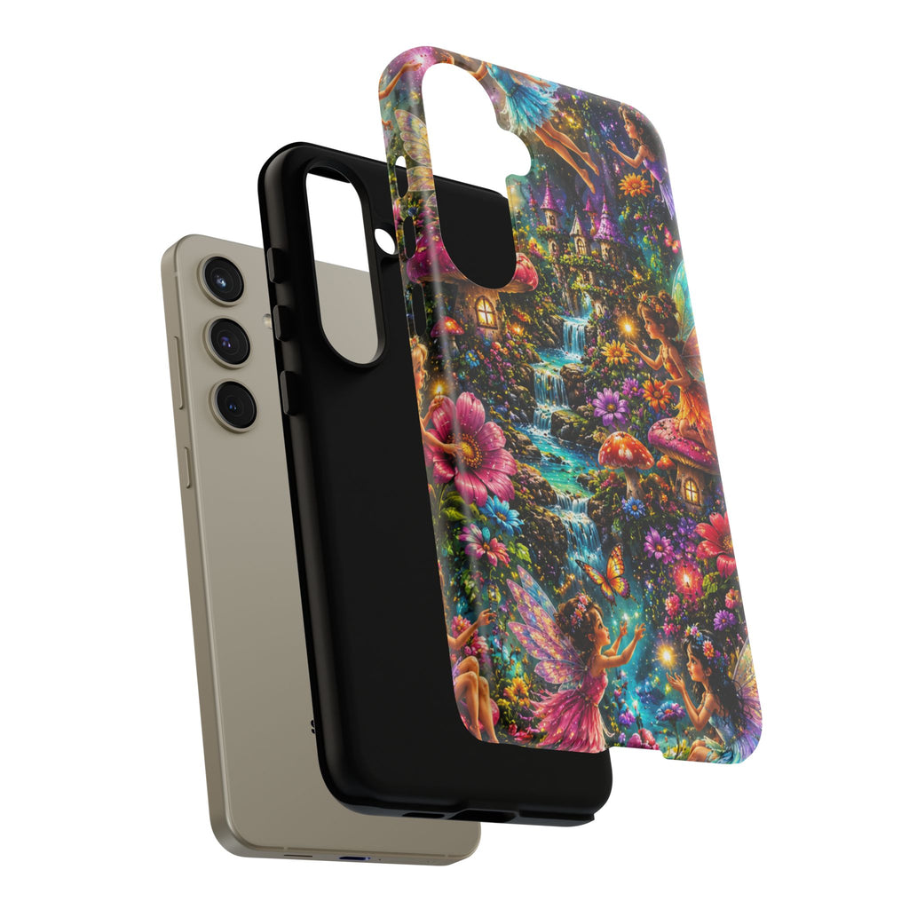 Fairy Garden Tough Phone Case — Whimsical Cottage, Waterfall & Mushroom Artwork