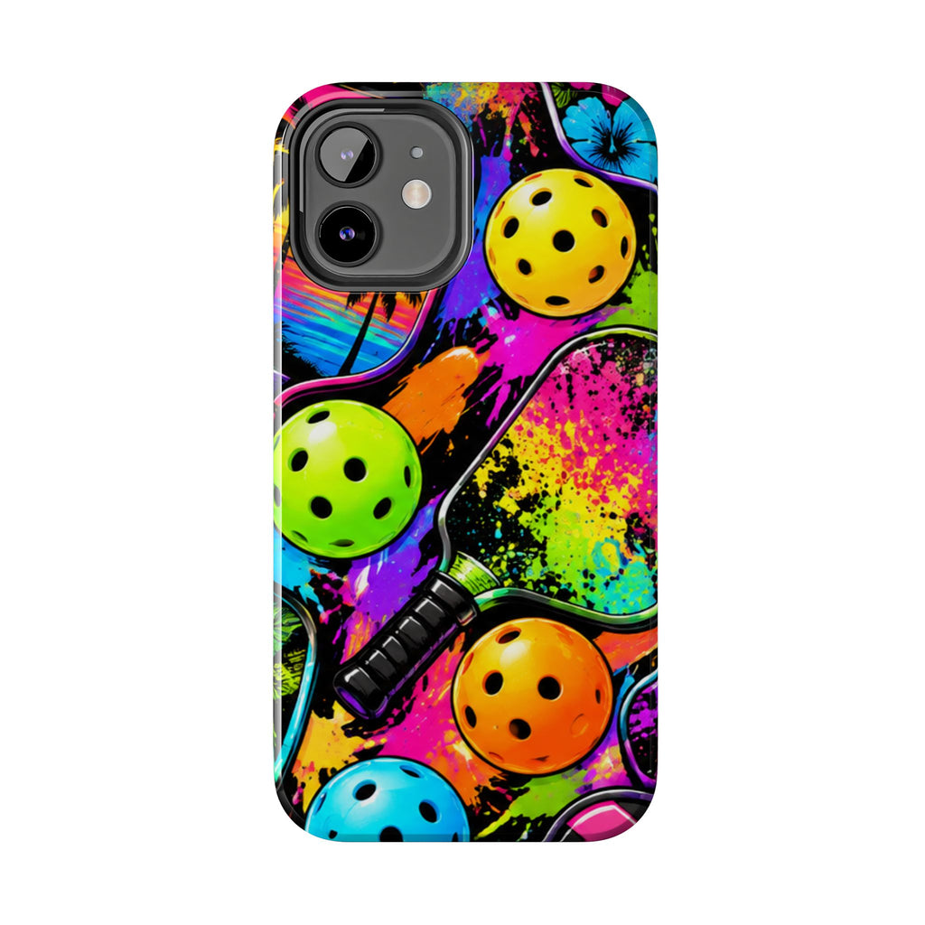 Pickleball Splash Tough Phone Case — Neon Paddle & Ball Protective Cover