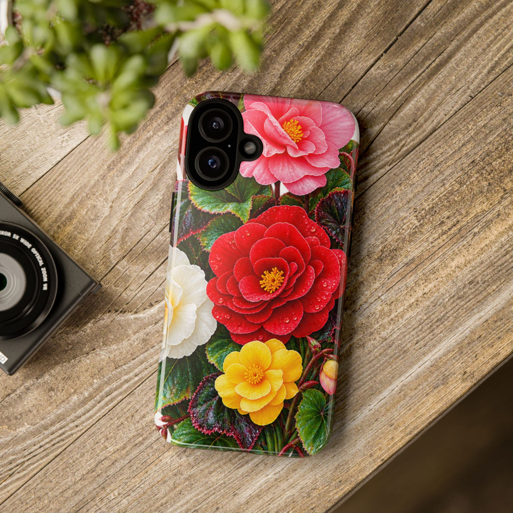 Floral Begonia Phone Case — Vibrant Red, Pink & Yellow Blossom Protective Cover