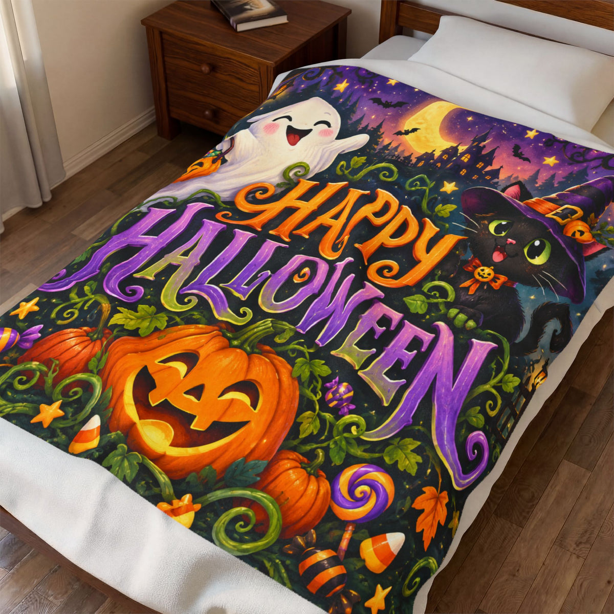 Happy Halloween Velveteen Plush Blanket – Cute Ghost, Pumpkin & Witch Cat Throw