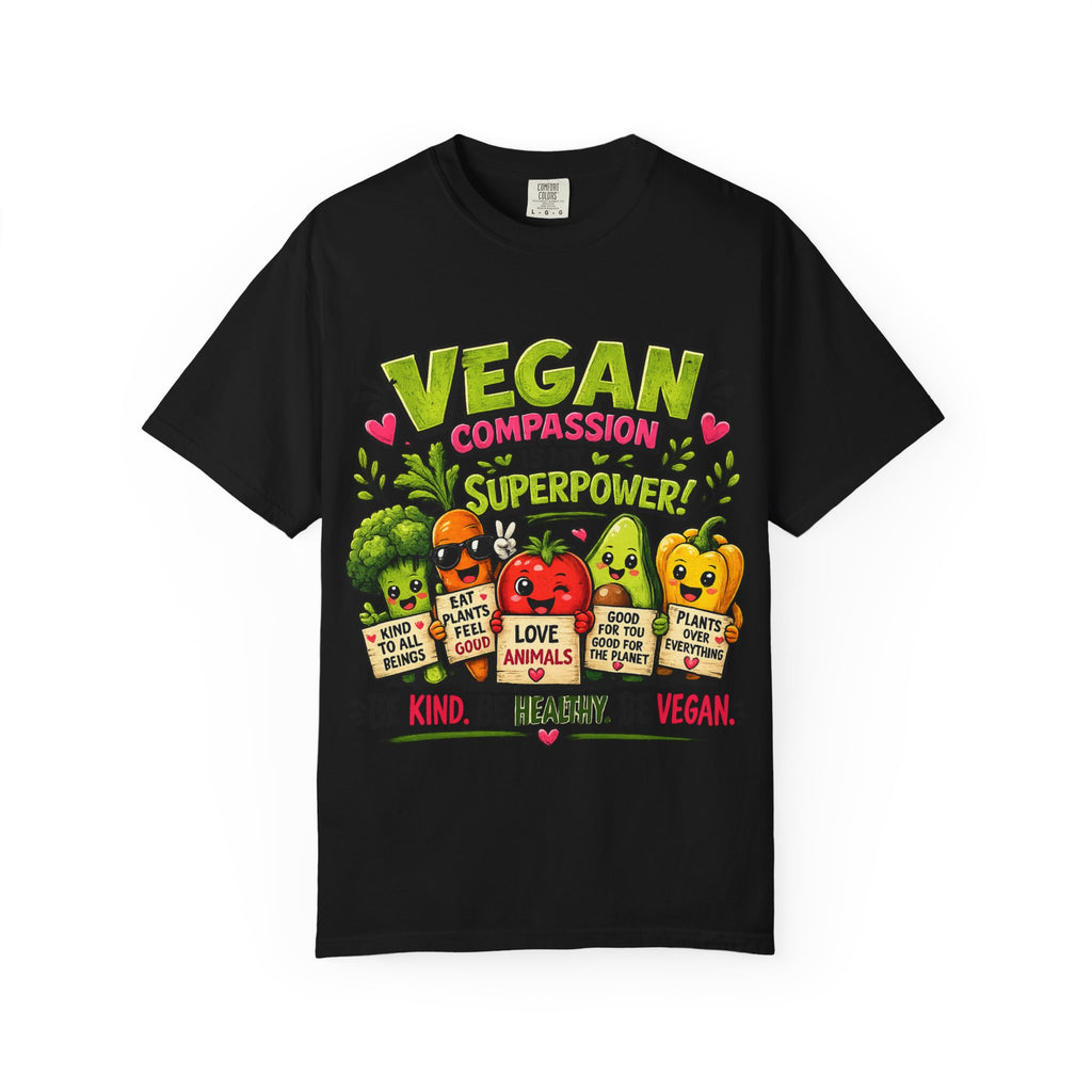 Vegan Compassion Is My Superpower T-shirt | Cute Veggie Characters