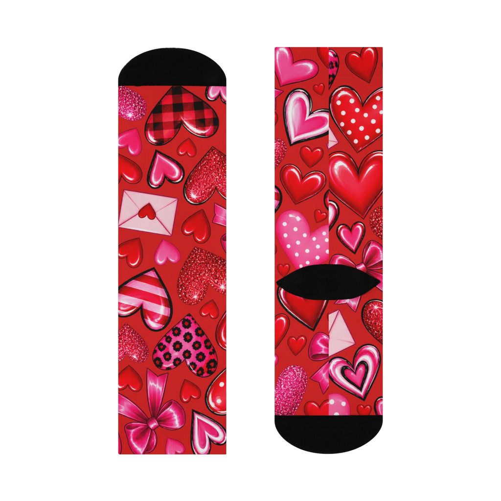 Valentine Heart Pattern Cushioned Crew Socks - Red Love, Envelopes & Bows