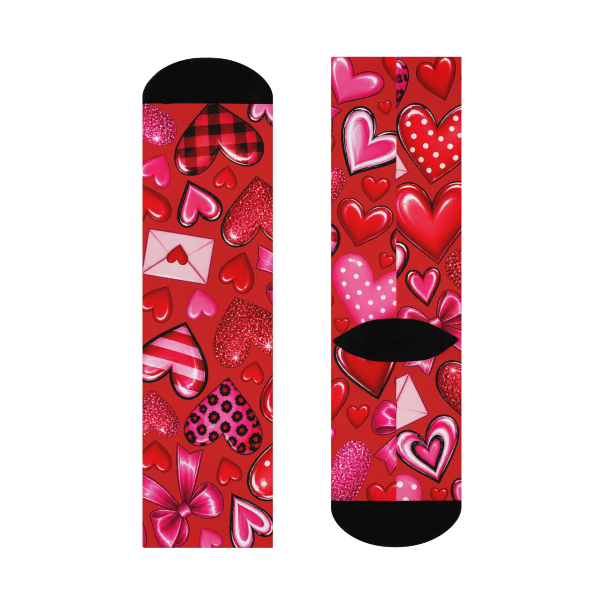 Valentine Heart Pattern Cushioned Crew Socks - Red Love, Envelopes & Bows