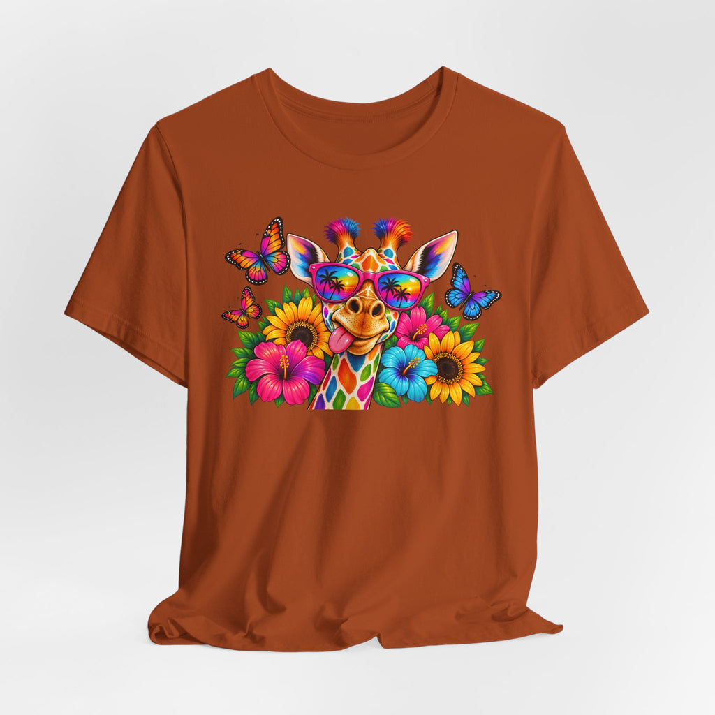 Giraffe Floral Tee — Colorful Butterfly & Sunflower Graphic T-Shirt