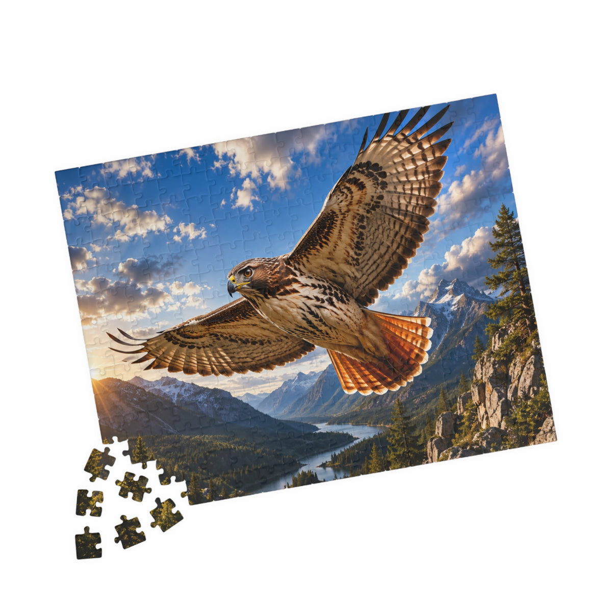 Red-Tailed Hawk Scenic Jigsaw Puzzle — Mountain Lake Nature Puzzle (110/252/520/1014 pcs)
