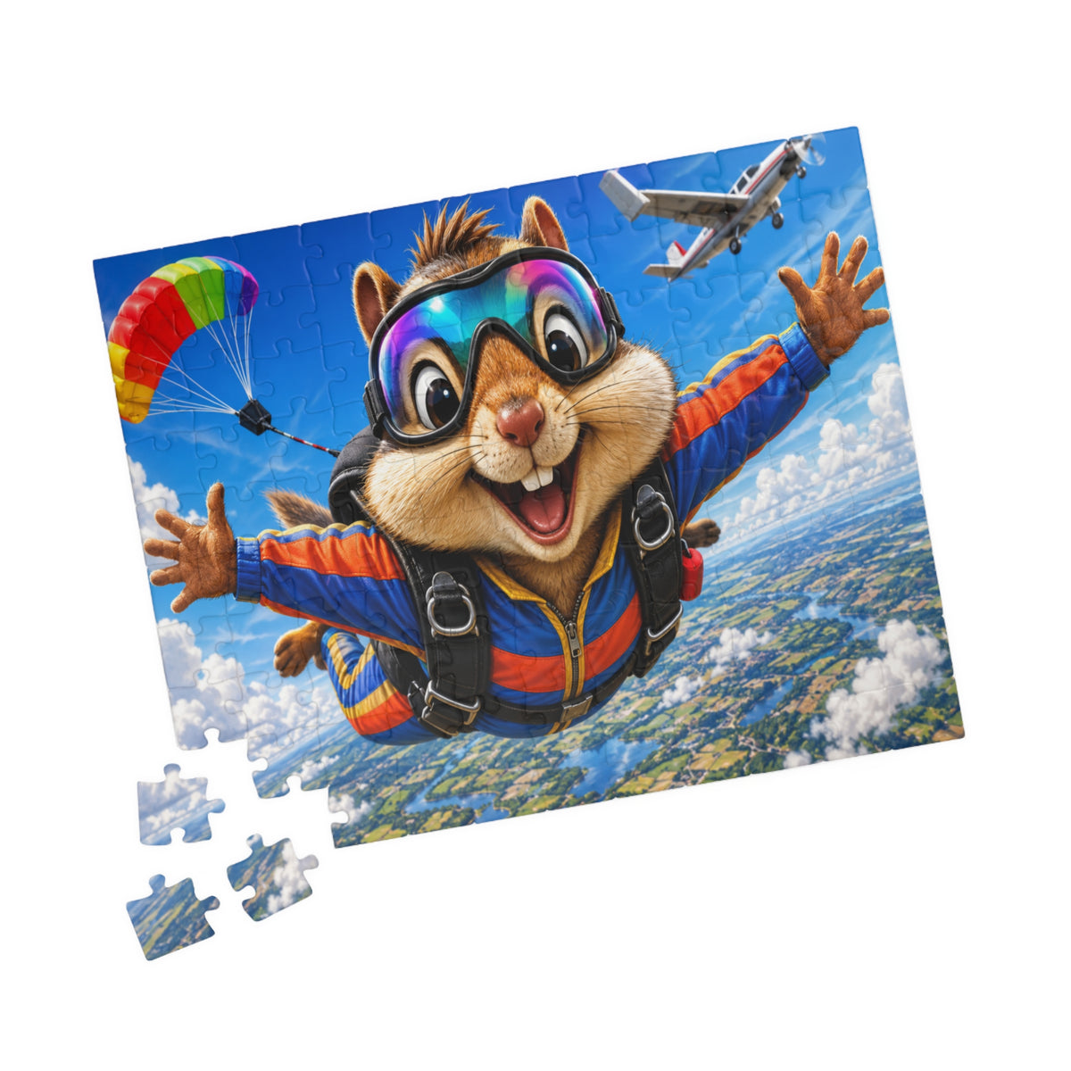 Skydiving Squirrel Jigsaw Puzzle — Cute Adventure Cartoon Puzzle (110/252/520/1014 pcs)