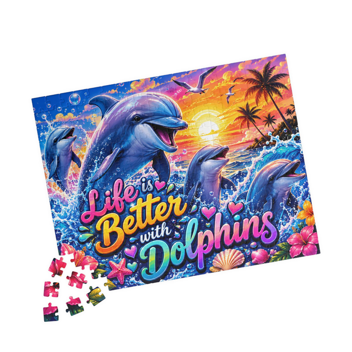 Life Is Better with Dolphins Puzzle | Ocean Sunset Dolphin Jigsaw