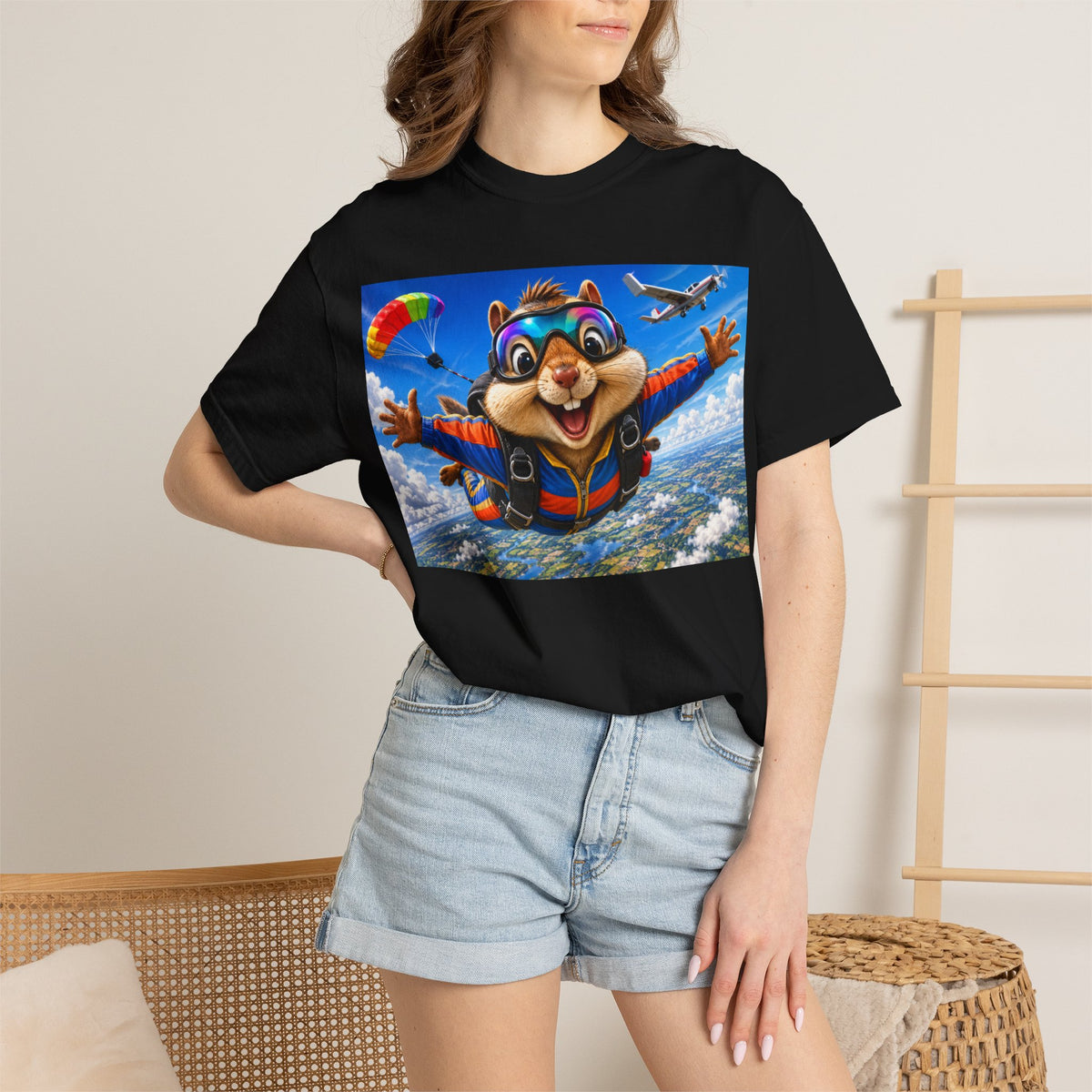 Skydiving Chipmunk T-Shirt — Cute Adventure Animal Parachute Tee