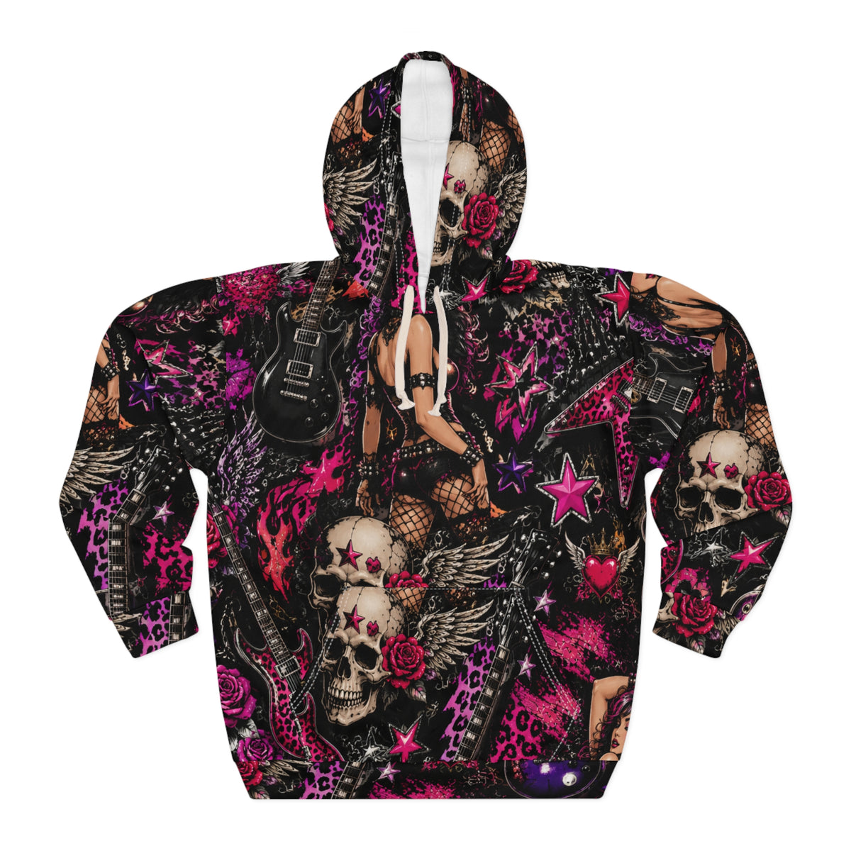 Rockabilly Skull & Rose Hoodie — All-Over Print Punk Pullover