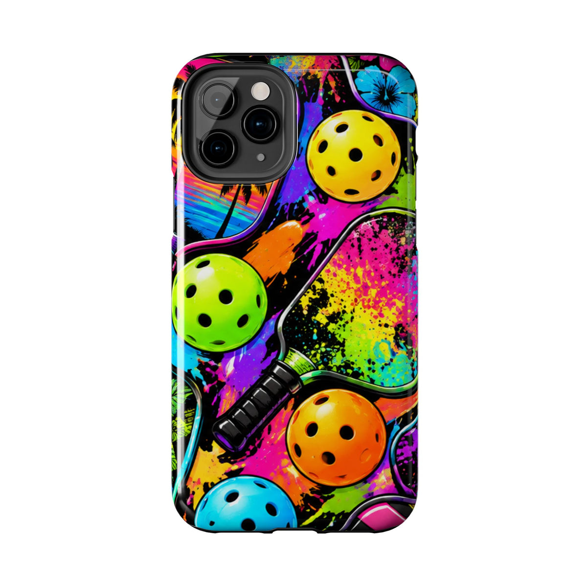 Pickleball Splash Tough Phone Case — Neon Paddle & Ball Protective Cover