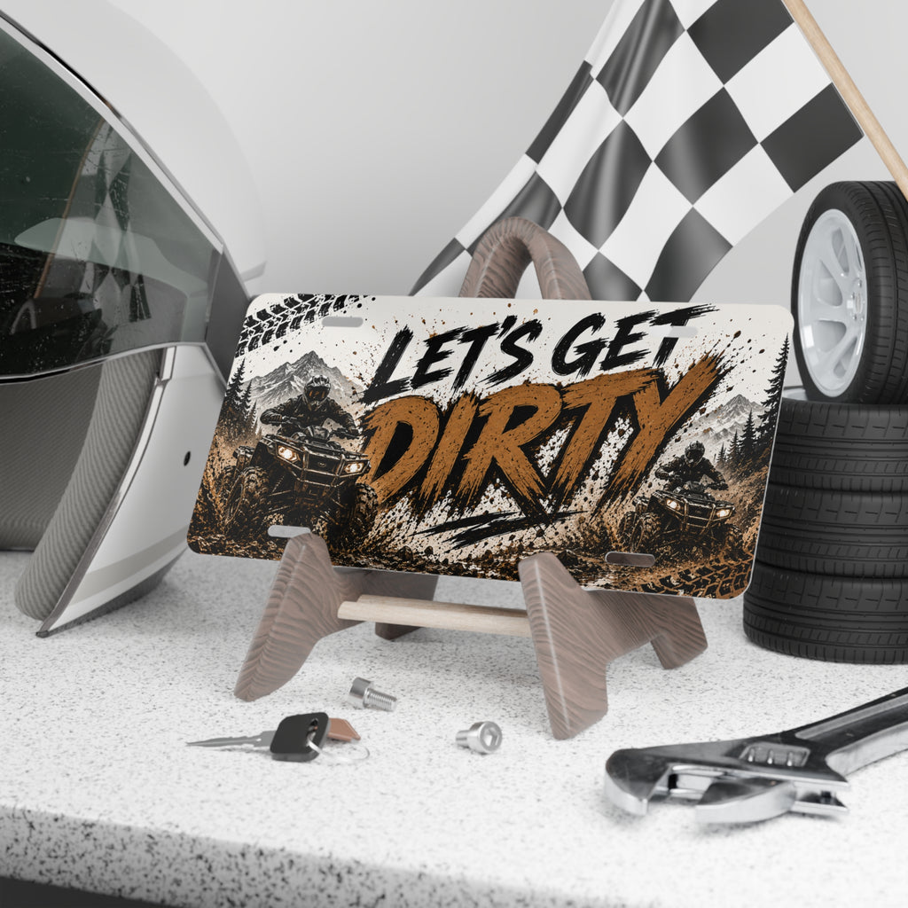 Let’s Get Dirty ATV Vanity Plate (White) | Off-Road Mud Tire Design