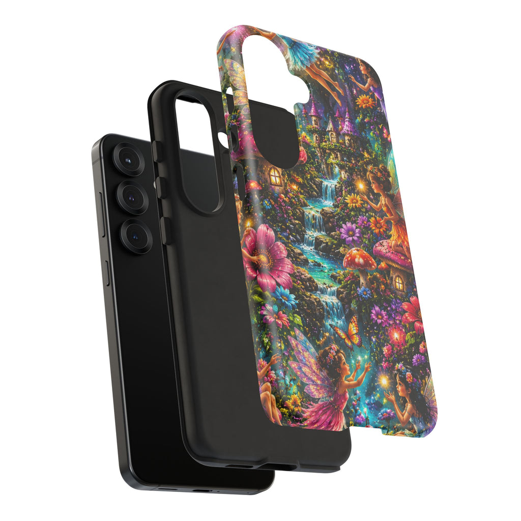 Fairy Garden Tough Phone Case — Whimsical Cottage, Waterfall & Mushroom Artwork