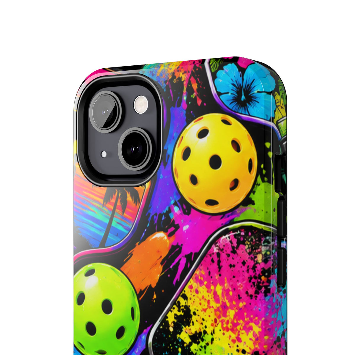 Pickleball Splash Tough Phone Case — Neon Paddle & Ball Protective Cover