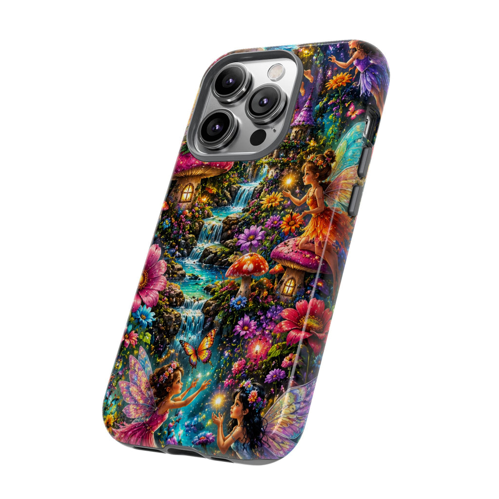 Fairy Garden Tough Phone Case — Whimsical Cottage, Waterfall & Mushroom Artwork