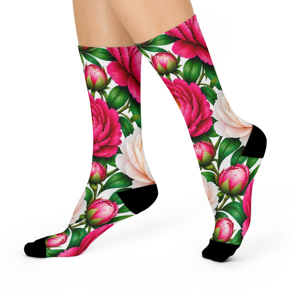 Floral Peony Crew Socks — Cushioned Pink & White Bloom Socks