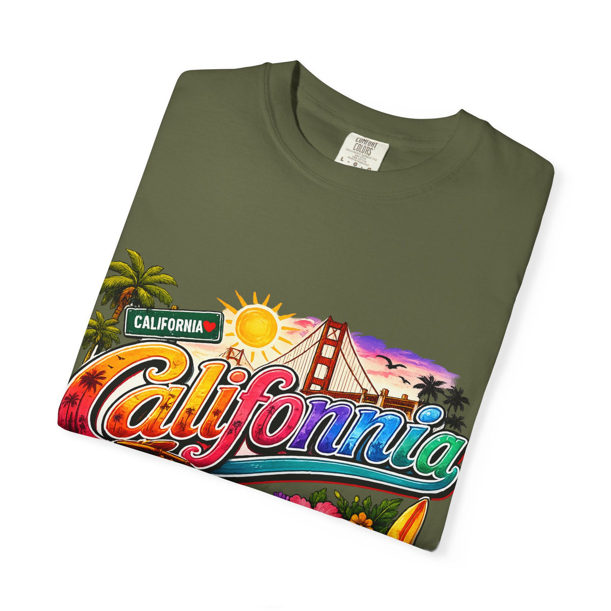 California Retro Sunset T-shirt | Golden Gate, Palm Trees & Surf