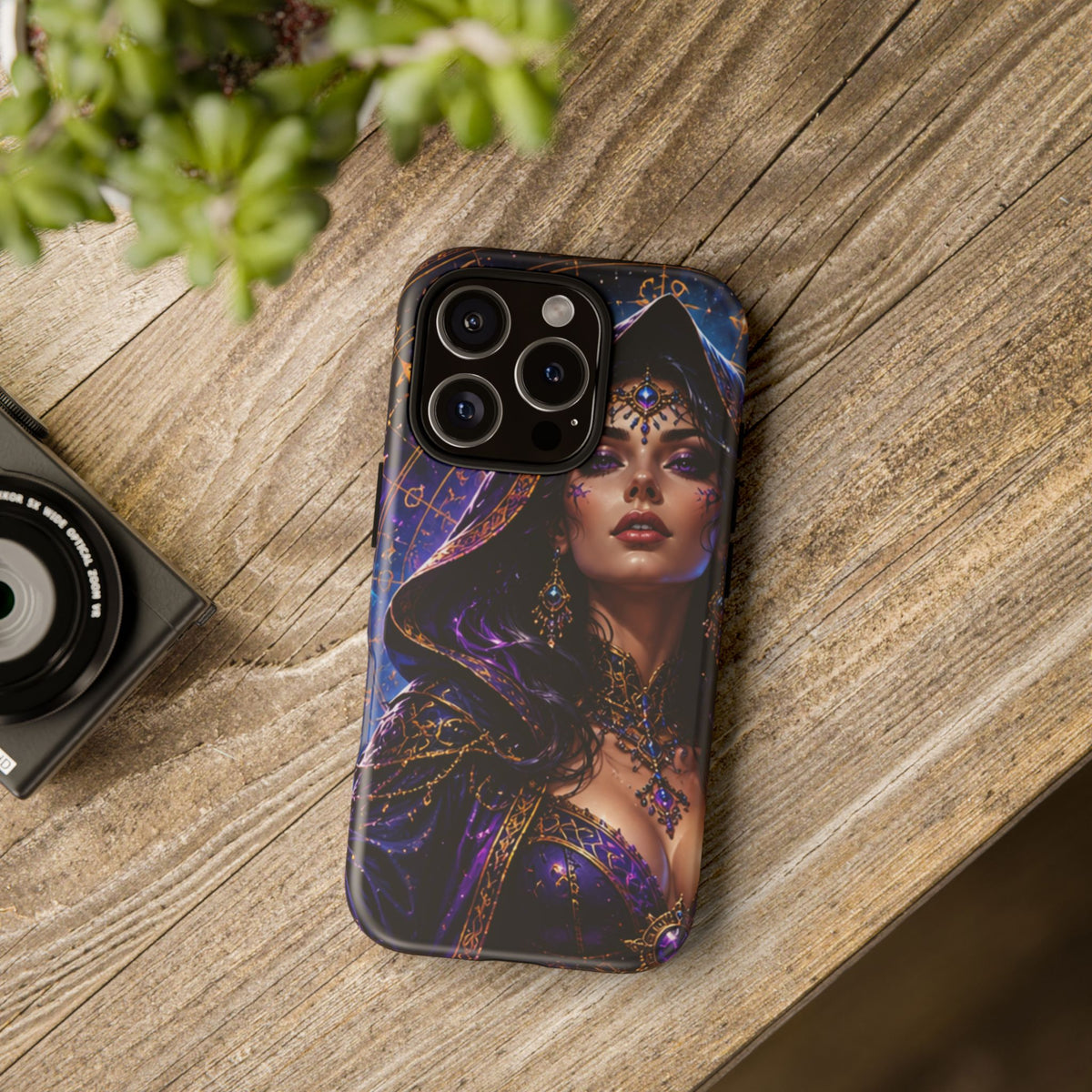 Phone Case — Mystical Sorceress Art Protective Tough Case (Astrology, Purple Hooded Witch)