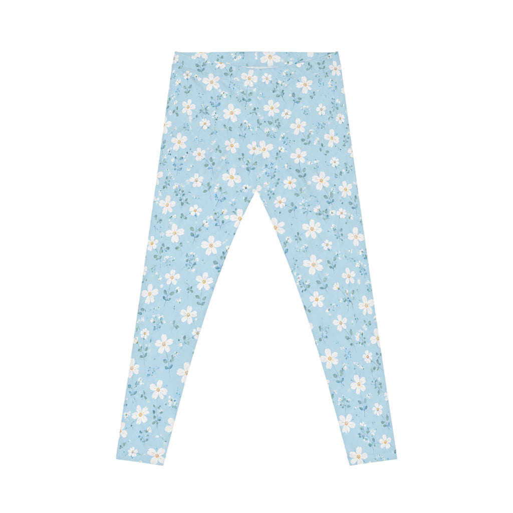 Blue Floral Leggings — Light Blue Spring Daisy Print Women's Leggings