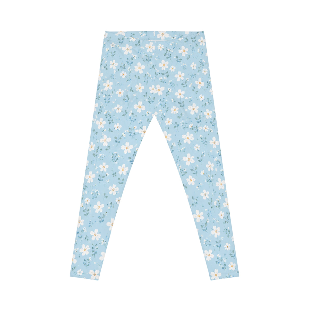 Blue Floral Leggings — Light Blue Spring Daisy Print Women's Leggings