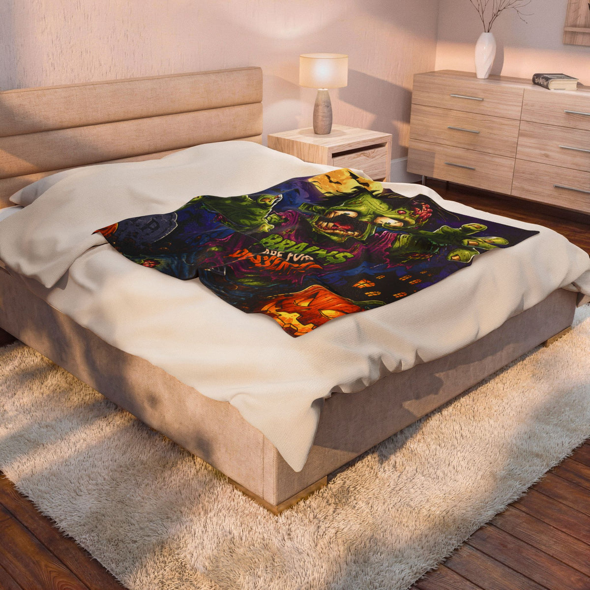 Zombie Plush Blanket – "Brains Are For Dessert!" Halloween Velveteen Throw