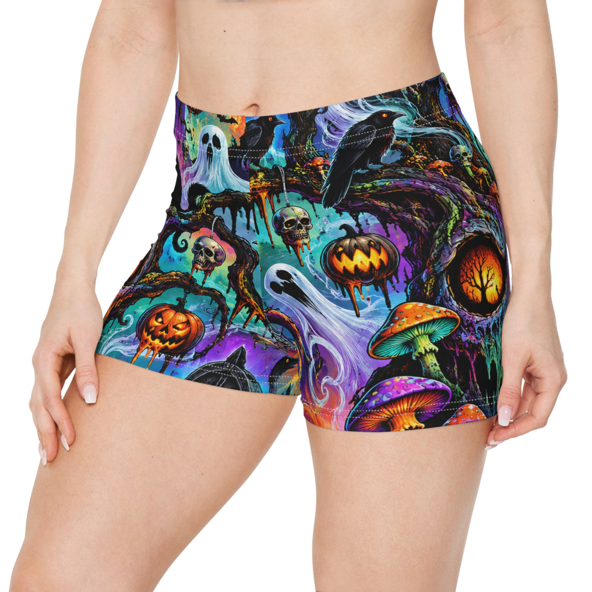 Halloween Allover Print Women's Shorts — Spooky Ghosts, Pumpkins & Black Cat Pattern