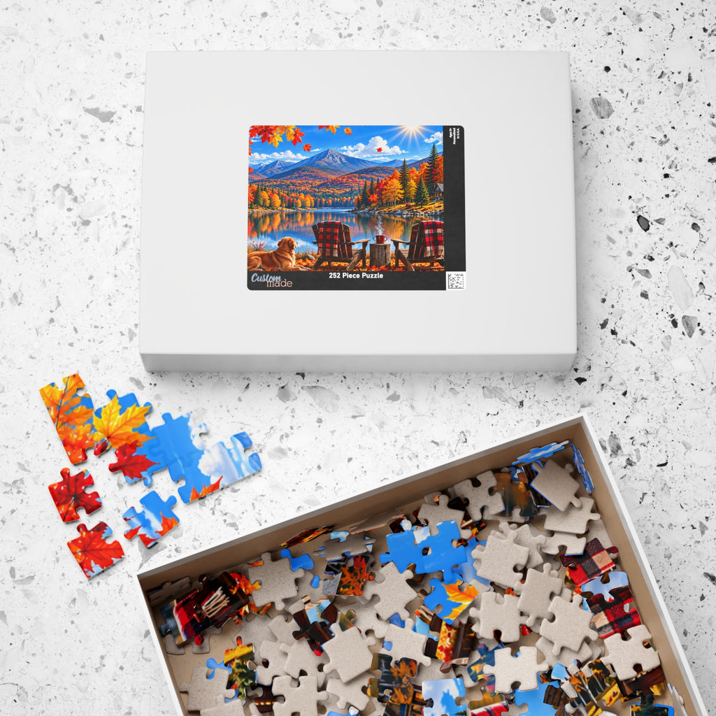 Autumn Lakeview Jigsaw Puzzle — Mountain Cabin Fall Scenery (110–1014 pcs)