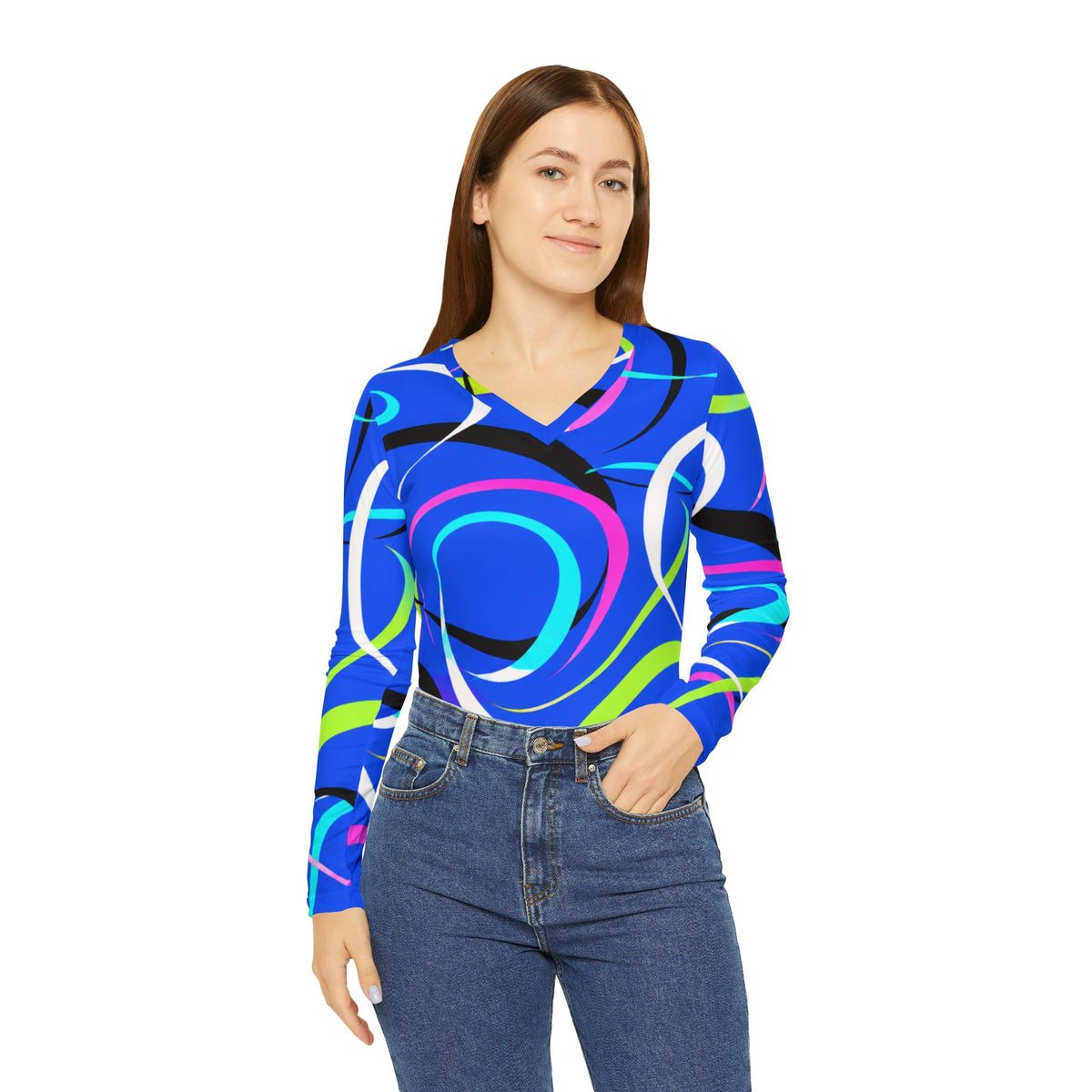 Women's V-Neck Long Sleeve Shirt – Retro Neon Swirl All-Over Print