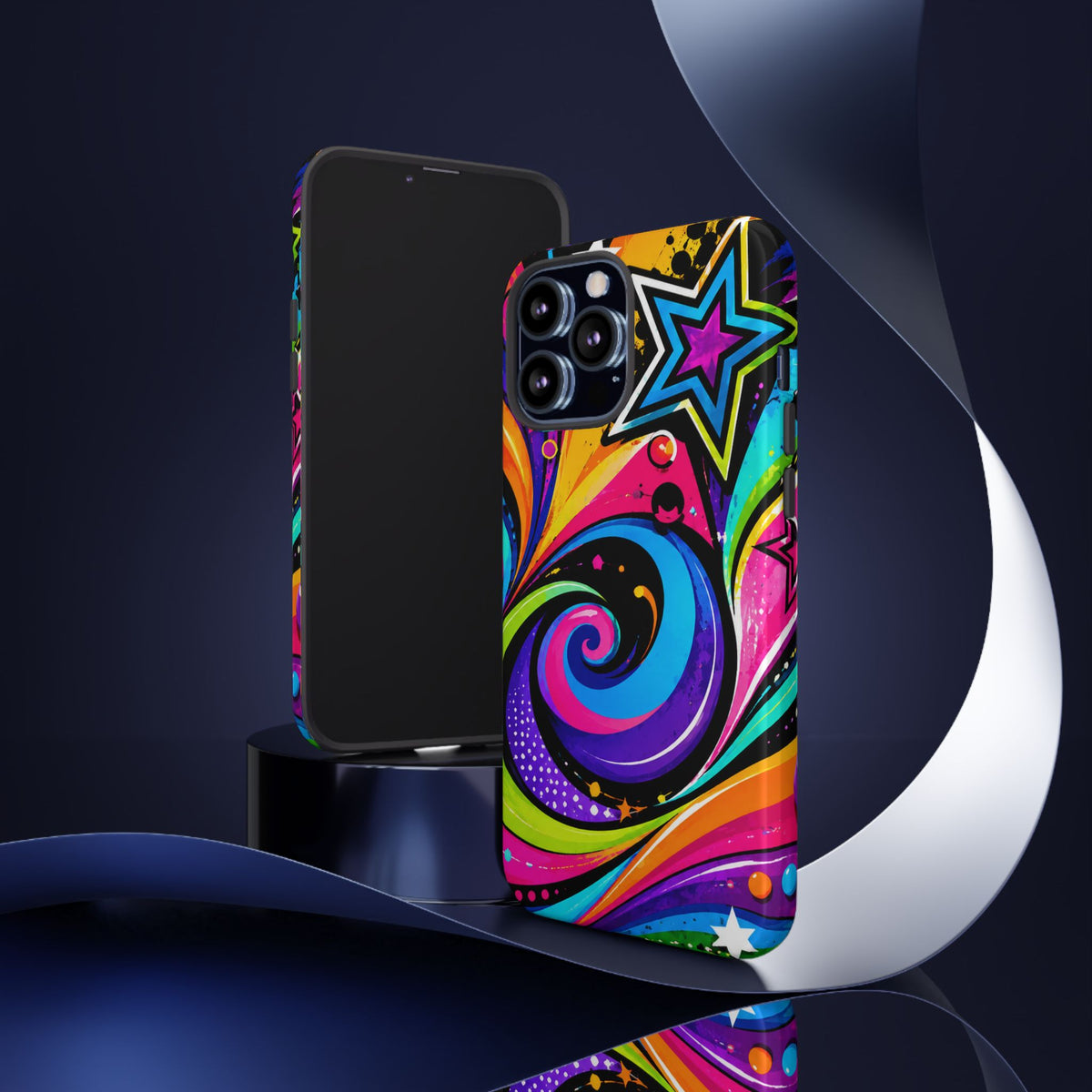Psychedelic Swirl Phone Case — Bold Retro Stars & Neon Pop Art Tough Case