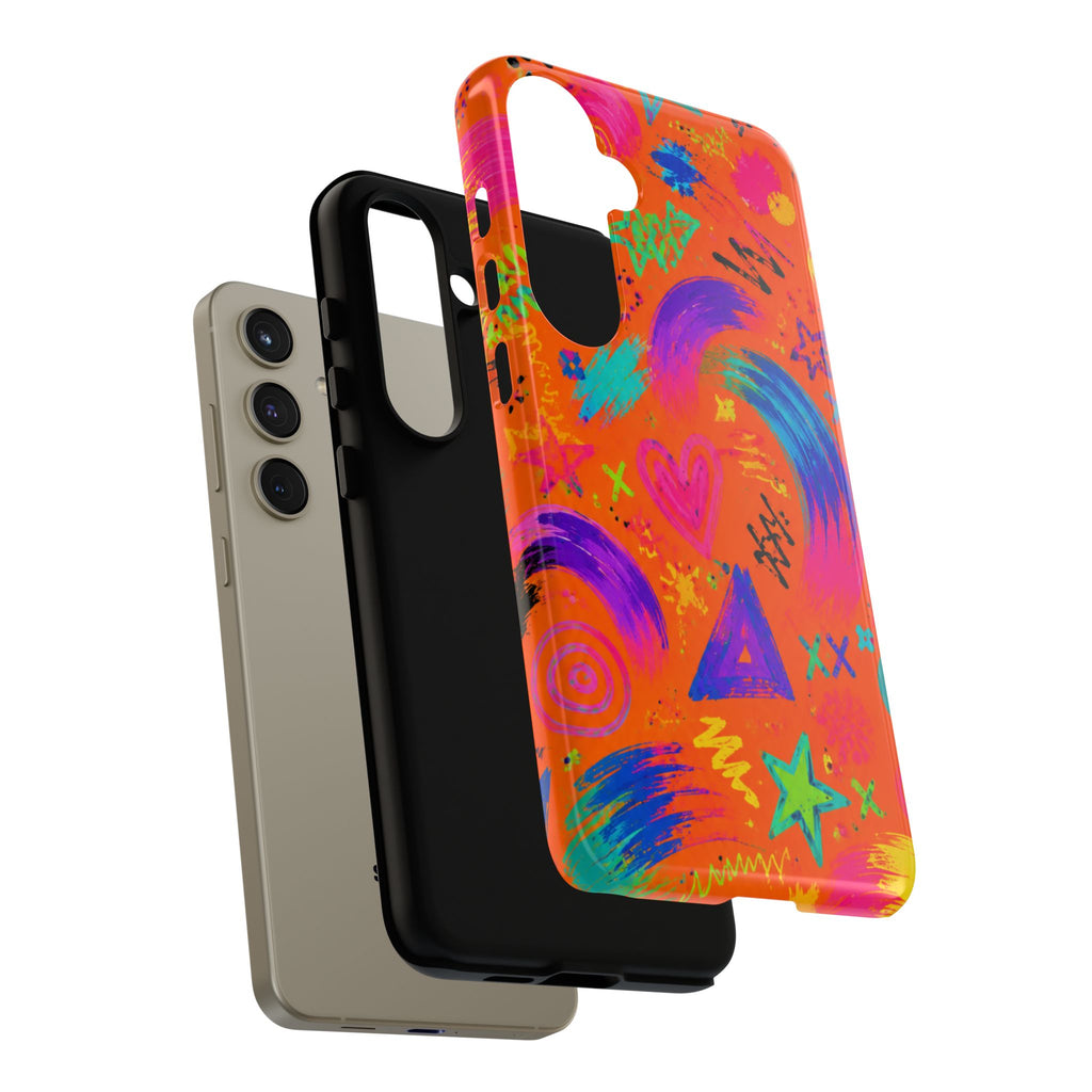 Colorful Neon Doodle Phone Case — Bright Abstract Stars & Hearts Tough Case