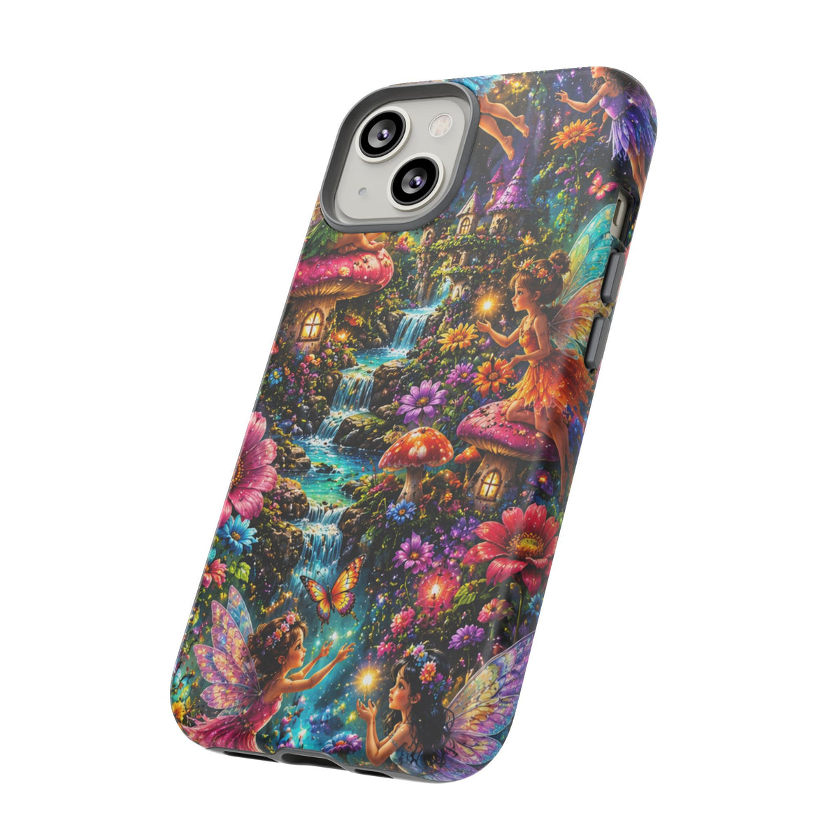 Fairy Garden Tough Phone Case — Whimsical Cottage, Waterfall & Mushroom Artwork