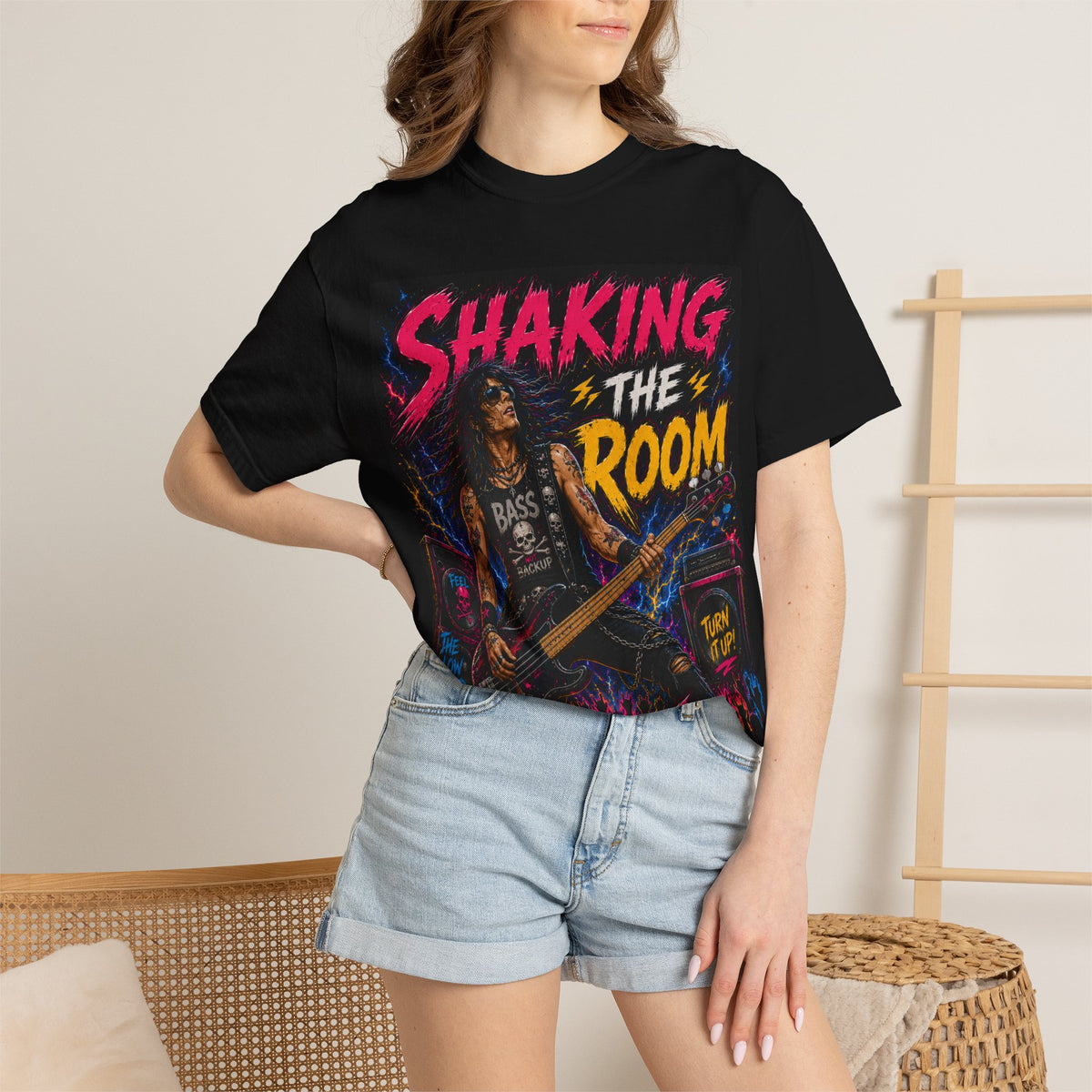 Shaking the Room Bass Player T-shirt | Retro Neon Rock Tee