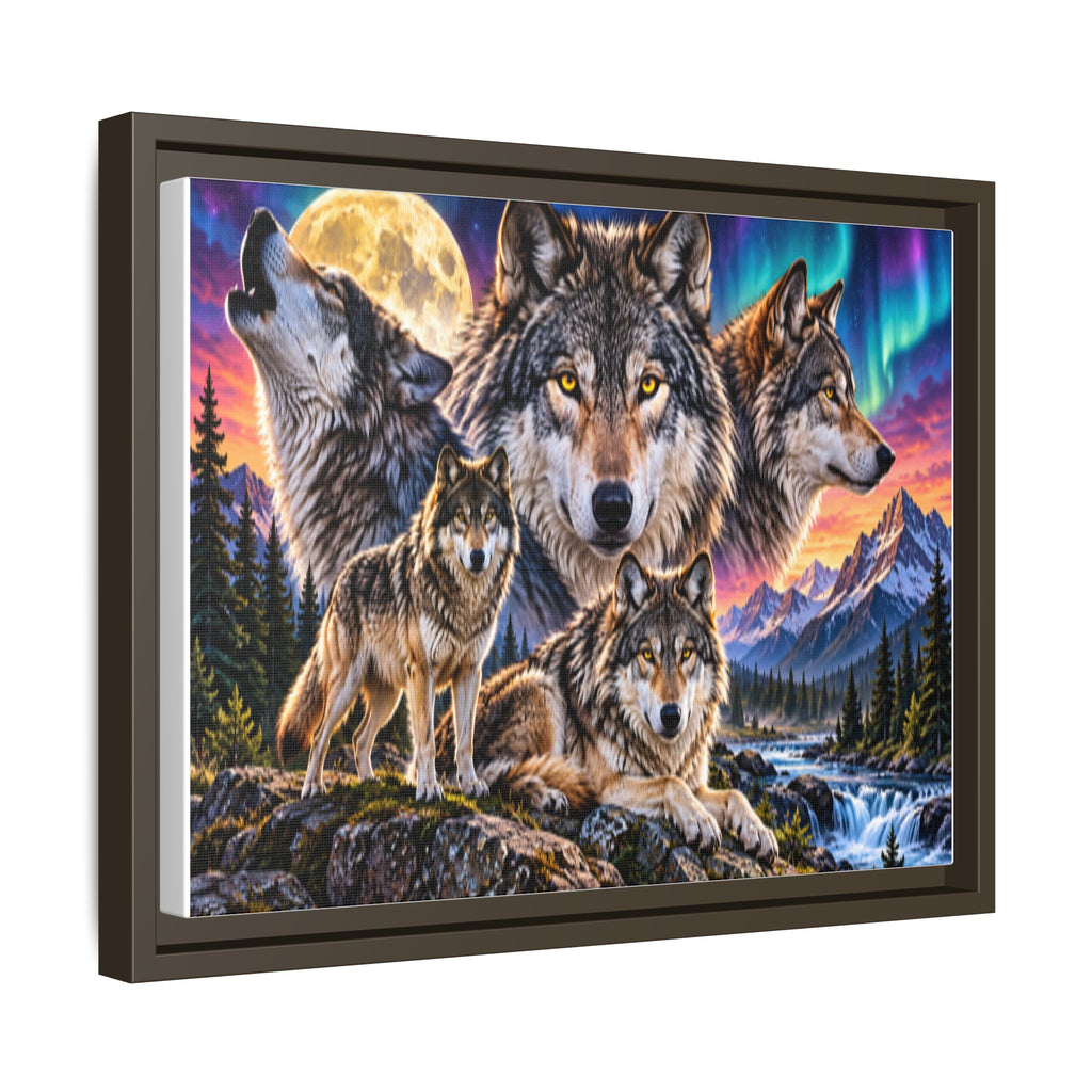 Framed Wolf Pack Matte Canvas Wall Art — Northern Lights Wilderness Scene