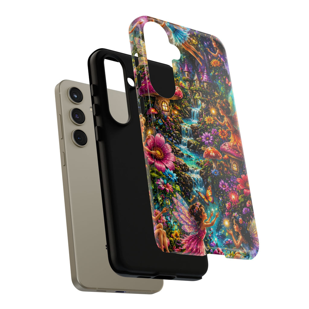 Fairy Garden Tough Phone Case — Whimsical Cottage, Waterfall & Mushroom Artwork