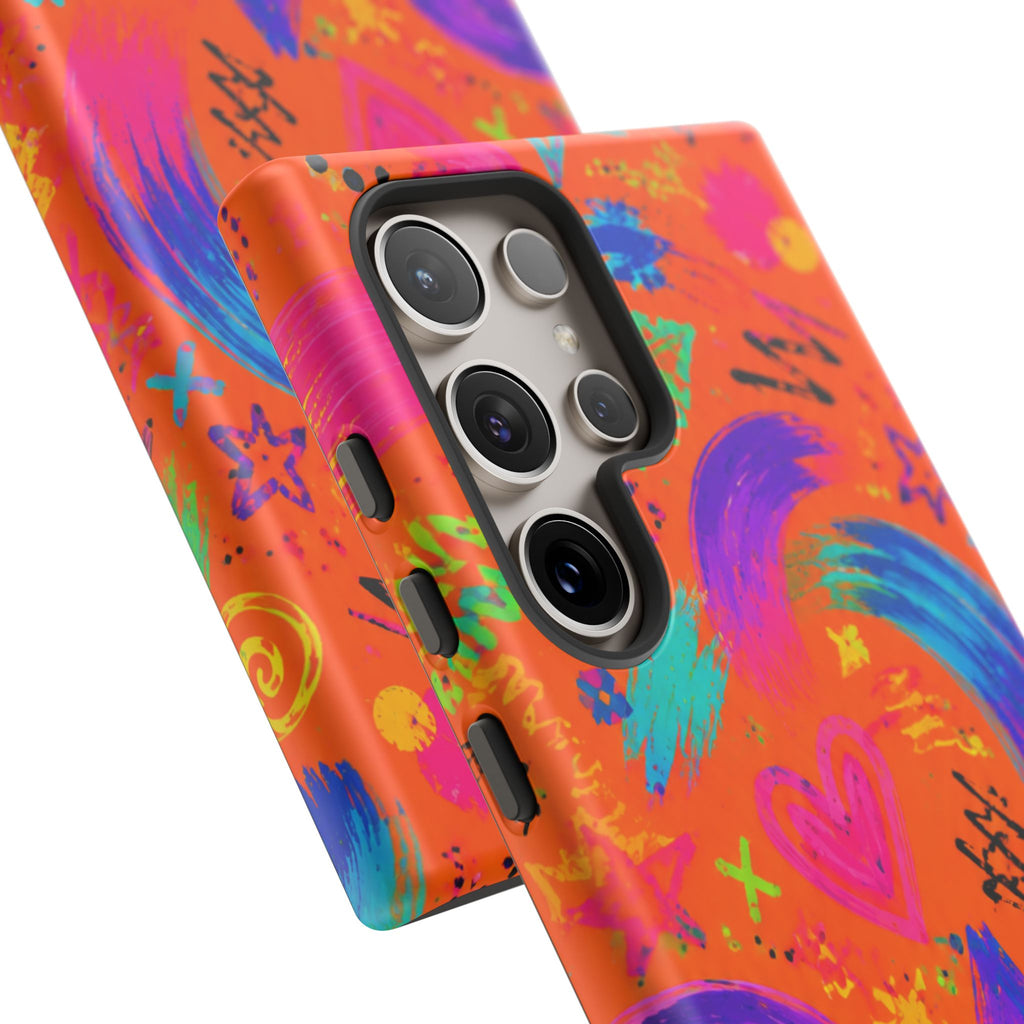 Colorful Neon Doodle Phone Case — Bright Abstract Stars & Hearts Tough Case