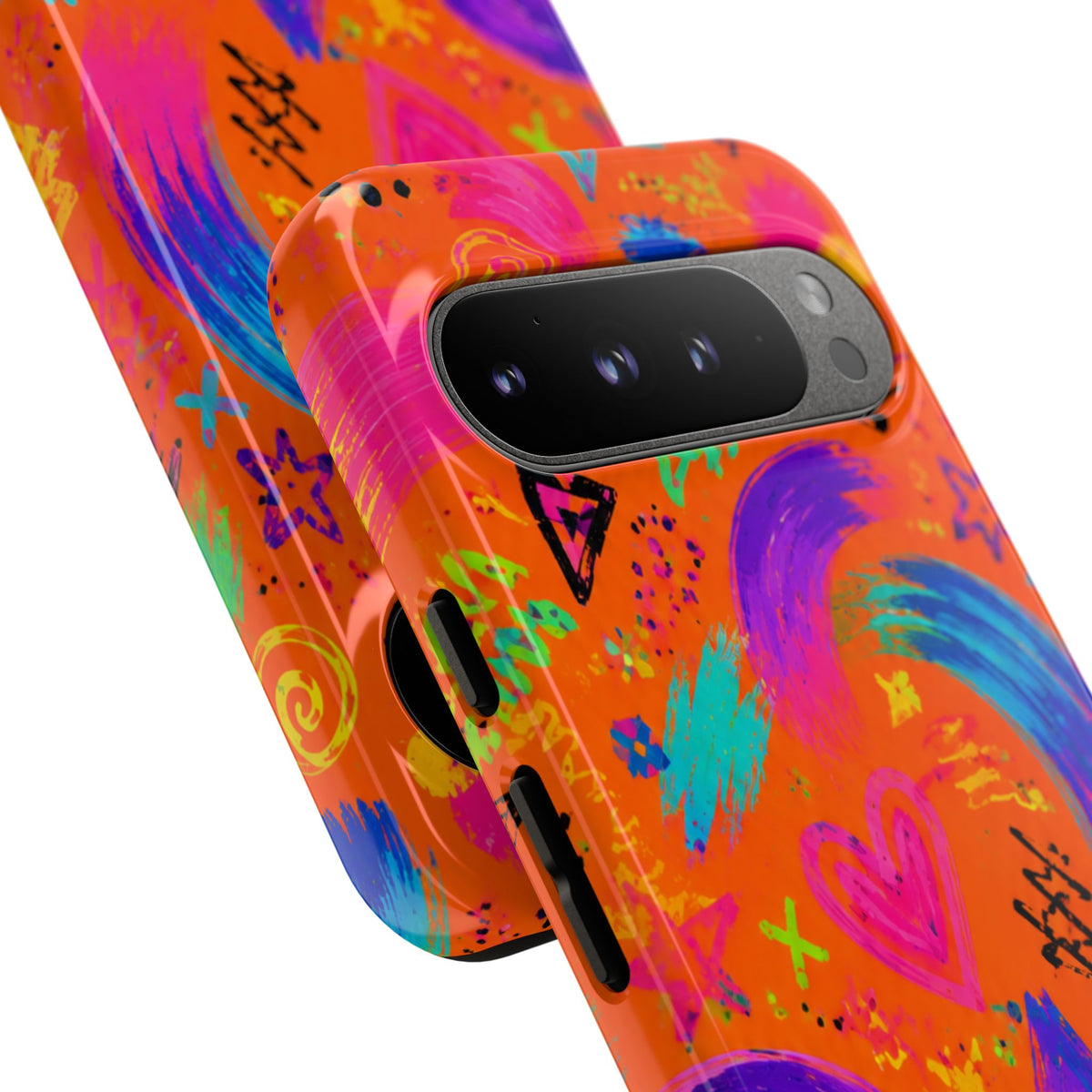 Colorful Neon Doodle Phone Case — Bright Abstract Stars & Hearts Tough Case
