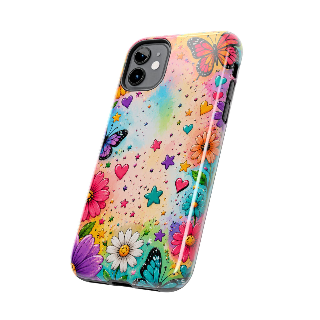 Colorful Butterflies and Flowers Tough Phone Case | Rainbow Hearts Stars