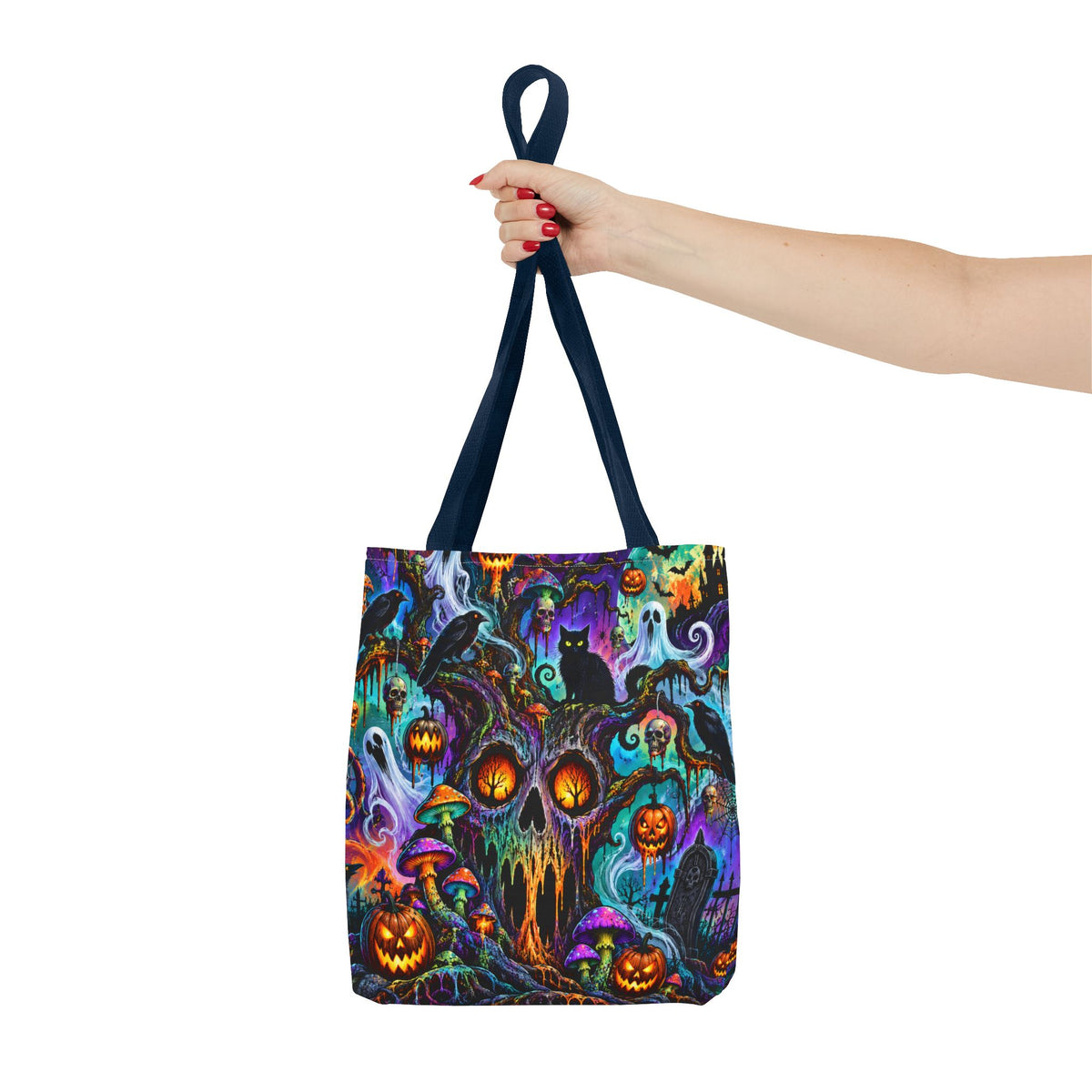 Halloween Haunted Pumpkin Tote Bag — Spooky Cat & Ghosts All-Over Print