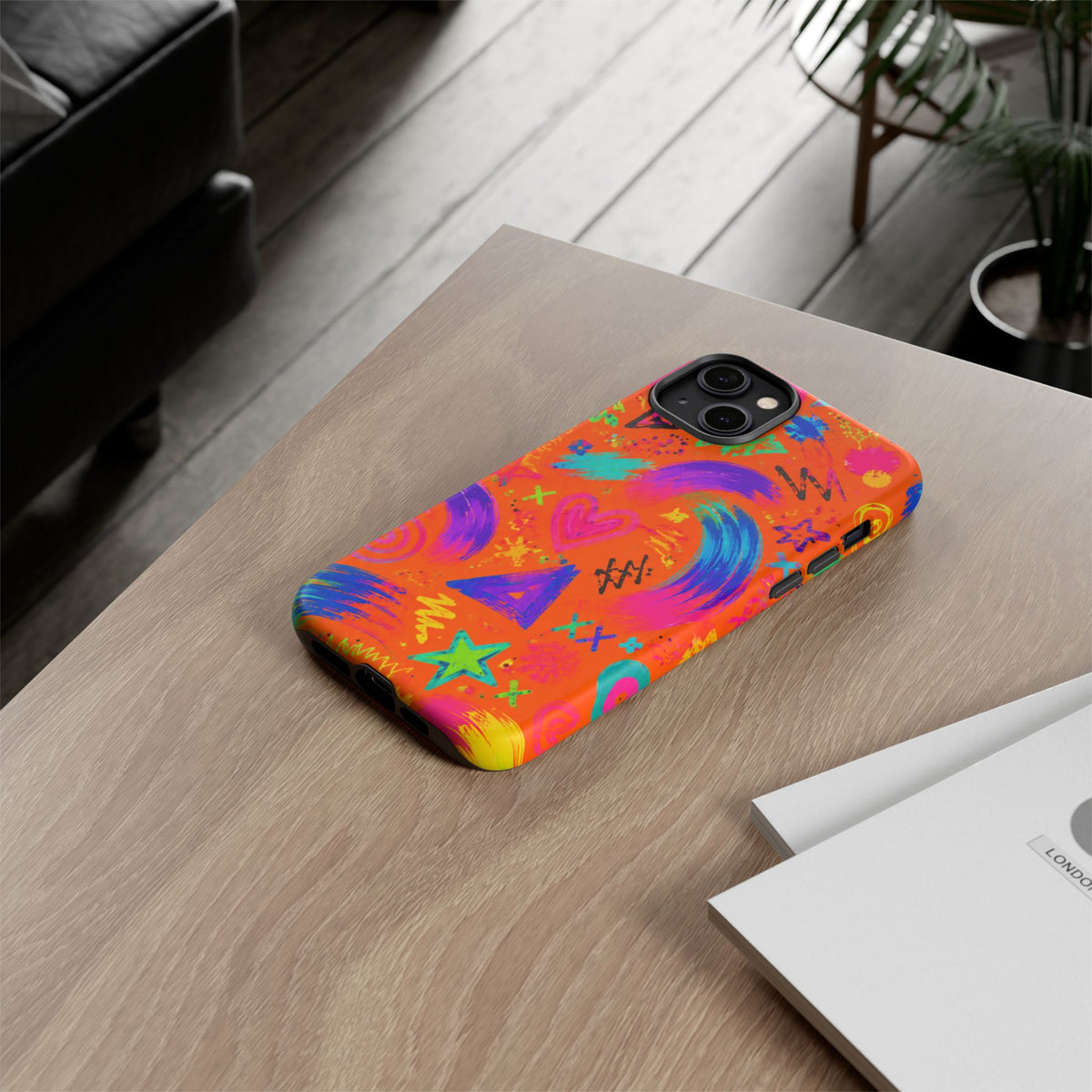 Colorful Neon Doodle Phone Case — Bright Abstract Stars & Hearts Tough Case