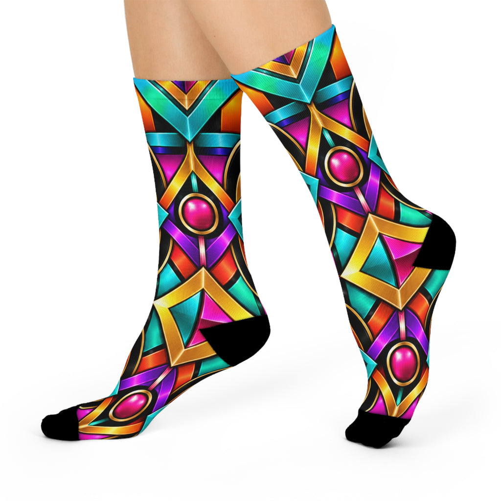 Colorful Geometric Pattern Cushioned Crew Socks | Vibrant Stained-Glass Style