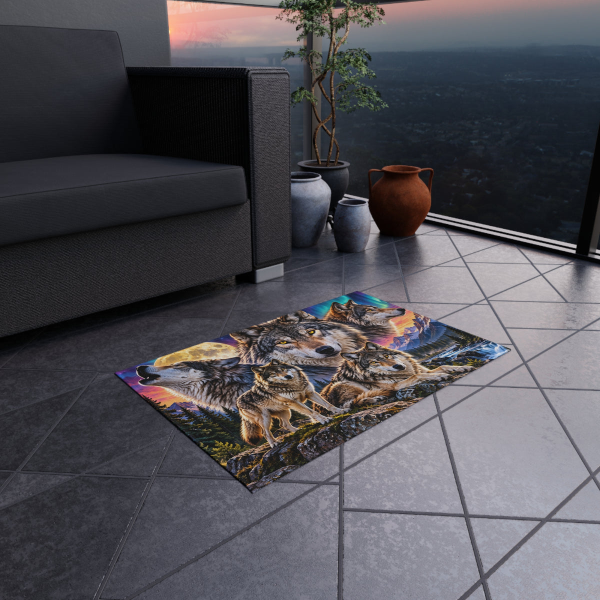 Wolf Pack Outdoor Rug — Scenic Mountain & Northern Lights Design