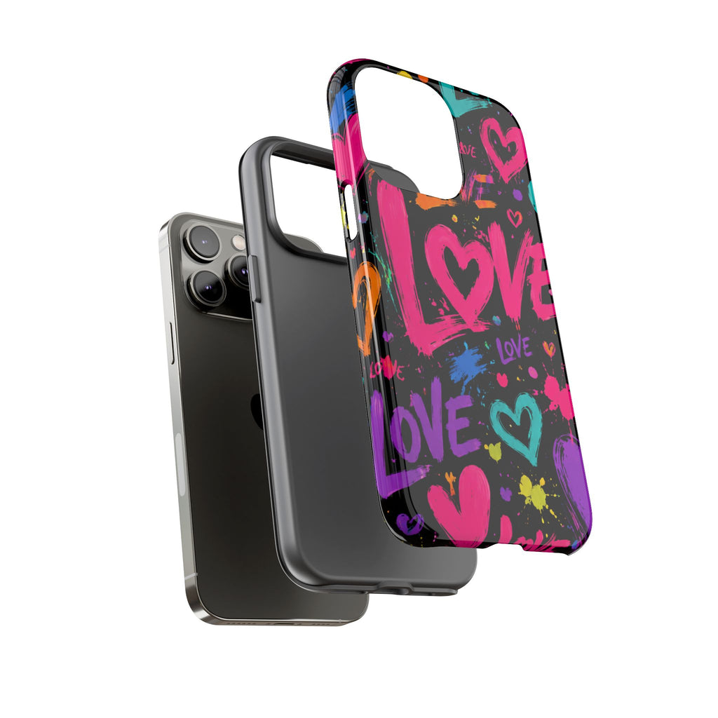 Phone Case — Neon Graffiti "Love" Hearts Protective Tough Case